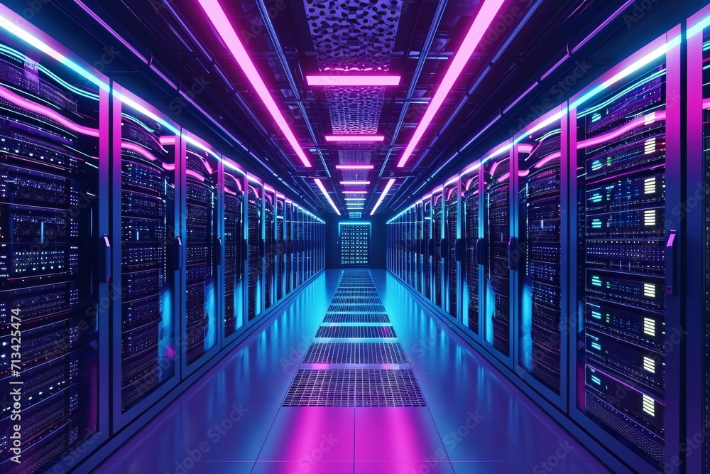 Poster futuristic data center with server racks and led lights