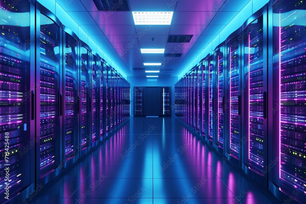 Poster futuristic data center with server racks and led lights
