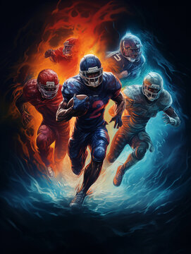 American football players in a super bowl game, dark 