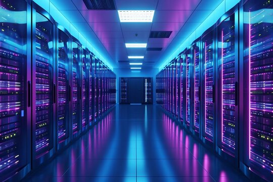 Futuristic data center with server racks and led lights