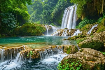 Majestic waterfall with cascading waters and lush surroundings