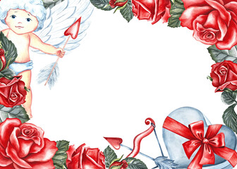 A frame with red roses, cupids and a heart-shaped gift box. Hand-drawn watercolor illustration. A greeting card for lovers, for Valentine's Day and wedding. Also suitable for packaging, poster, flyer
