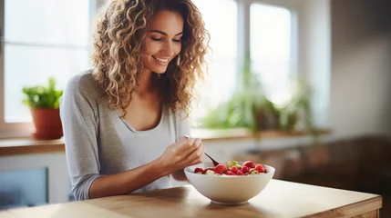 Poster Athletic woman eating a healthy bowl of muesli with fruit sitting on floor in the kitchen at home  © Johannes
