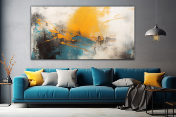 Loft home interior design of modern living room. Dark turquoise tufted sofa with virant yellow pillows against beige stucco wall with abstract art poster frame