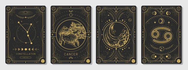 Set of Modern magic witchcraft cards with astrology Cancer zodiac sign characteristic. Vector illustration © annbozhko