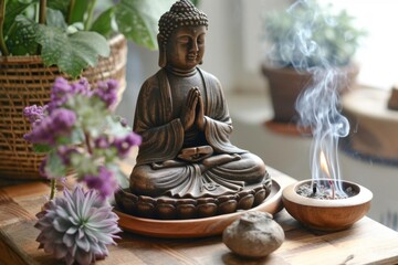 Serene meditation space with buddha statue and incense