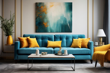 Loft home interior design of modern living room. Dark turquoise tufted sofa with virant yellow pillows against beige stucco wall with abstract art poster frame