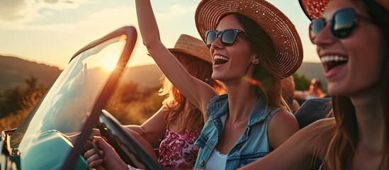 Two young women sing a song on the radio and dance in the car on a day trip in the summer Best friends having fun together driving around the countryside Smiling millennial in a relaxing moment - obrazy, fototapety, plakaty
