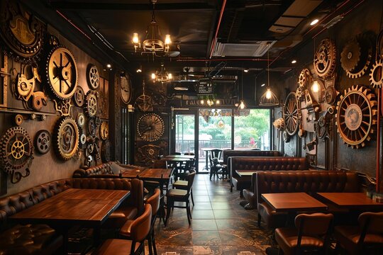 Steampunk themed caf with gears decor and victorian ambiance