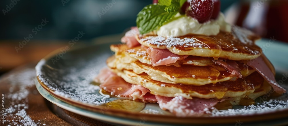 Poster gourmet pancakes stuffed with cream cheese and ham selective focus. copy space image. place for addi