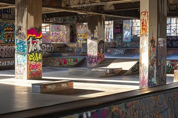 Urban skateboarding park with ramps and graffiti art