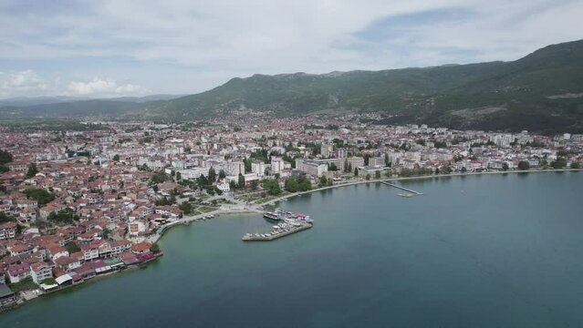 Panoramic aerialv view of Ohrid city, a Unesco world heritage in Macedonia