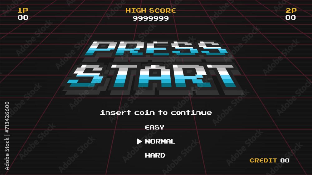 Aufkleber press start insert a coin to continue .pixel art .8 bit game.retro game. for game assets in vector i