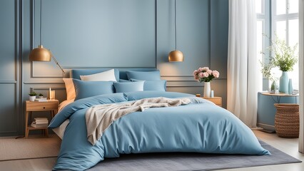 Serene light blue bedroom with floral accents, candles, and cozy bedding for a tranquil atmosphere.
