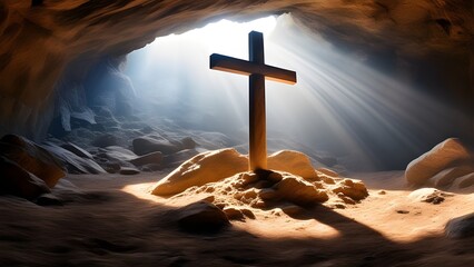 Sacred cross in cave bathed in sunlight and dust, creating a spiritual and mystical atmosphere.