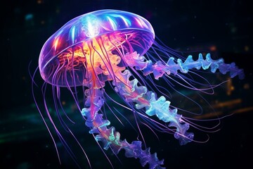 An enchanting jellyfish gracefully swims, emitting a radiant neon glow. Generative AI