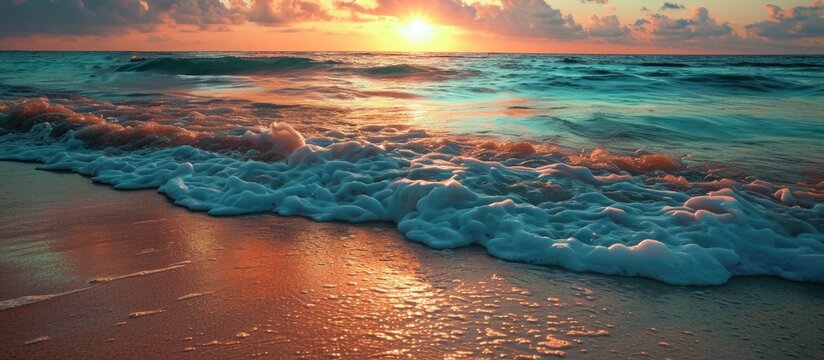 Beach sunset Beautiful panoramic landscape colorful golden sunset over calm sea with waves splashing softly on sandy beach Amazing sunset landscape summer nature peaceful nature. Copy space image