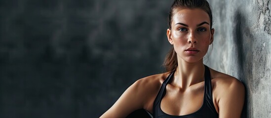 Obraz premium Gym Sporty girl posing. Copy space image. Place for adding text