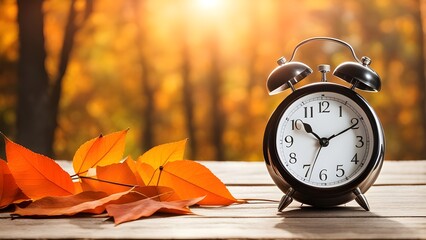 Autumn vibes captured: daylight saving time clock and orange leaves on a wooden table, signaling...