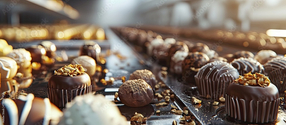Poster production of pralines in a factory for the food industry. copy space image. place for adding text