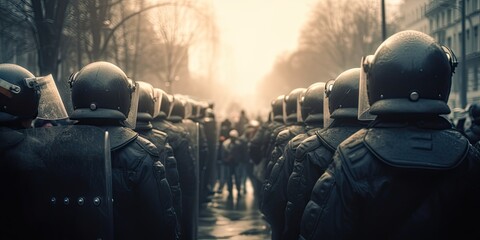A group of individuals donning riot gear march through the streets, their stoic expressions and...