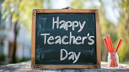 Chalkboard with 'Happy Teacher's Day' and Pencils on Wooden Table