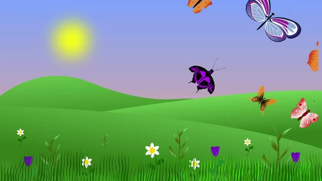 Spring environment 2d animation flat design background, nature field with butterflies