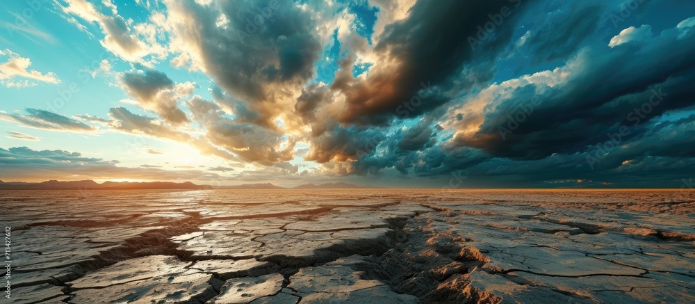 Poster drought land against a blue sky with clouds. copy space image. place for adding text