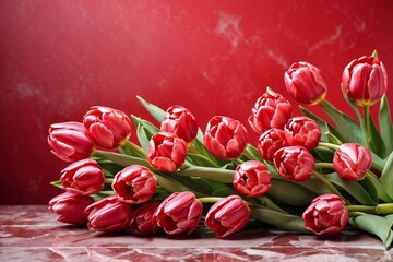 pink tulips on marble background with copy space, spring flowers banner