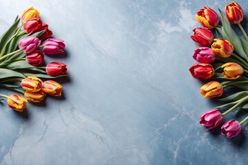 tulips on blue marble background with copy space, spring flowers banner