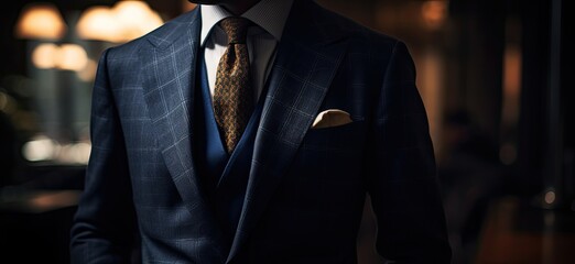 A dapper gentleman exudes confidence in his dark suit and blazer, standing tall and proud with his black tie and crisp collar, showcasing the epitome of formal fashion