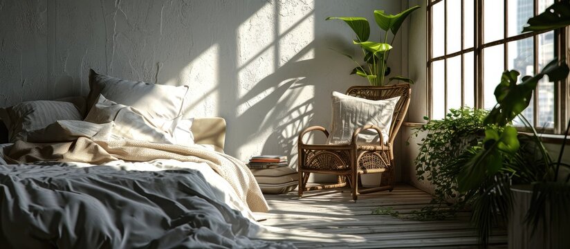 bedroom corner interior with bed pillows wicker chair and window close up photo. Copy space image. Place for adding text