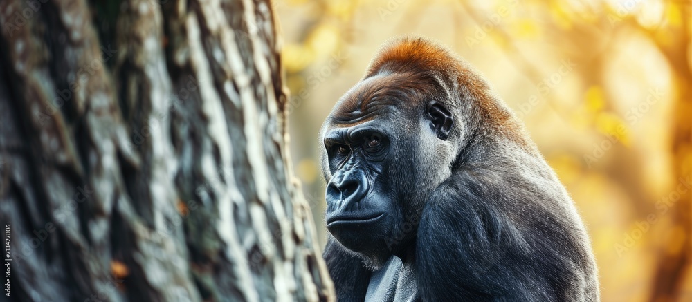 Poster monkey Gorilla on tree in zoo. Copy space image. Place for adding text
