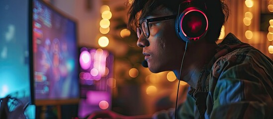 Young Asian Handsome vlogger having live stream and playing in Online Video Game. Copy space image. Place for adding text