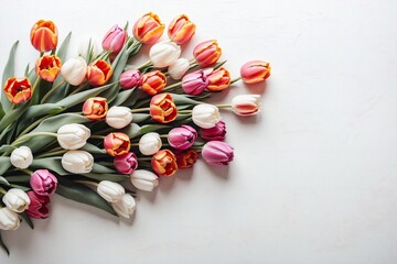 tulips bouquet on white backdrop with copy space
