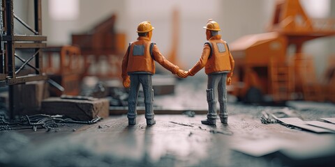Two animated toys, dressed in colorful clothing, form a heartwarming bond as they hold hands indoors