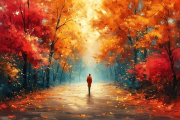 Poster Oil painting an autumn colorful landscape, beautiful orange red trees in the forest © Cobalt