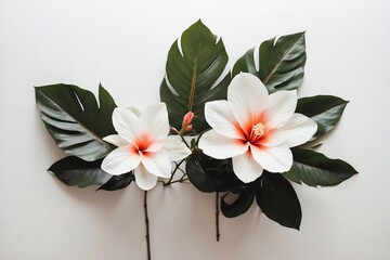 tropical white flowers on white background with copy space