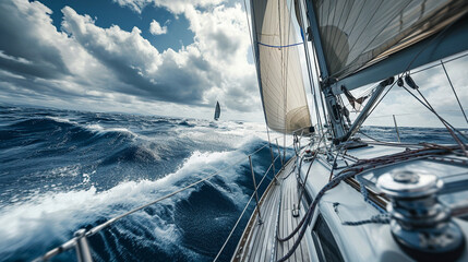 A dynamic shot of a sailor at the helm, with billowing sails and the wind in their hair, capturing the sense of speed and adventure as the sailboat glides through open waters, crea