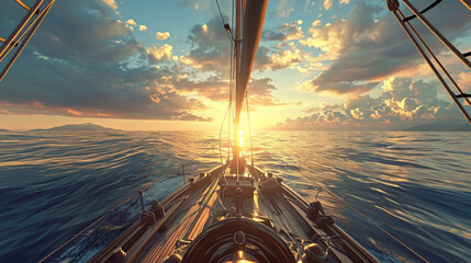 An immersive image of a sailor steering the ship through a calm and expansive ocean, with the sunlight casting a warm glow on the sailor's face and the surrounding seascape, creati - obrazy, fototapety, plakaty