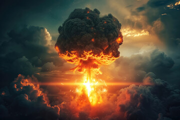 Nuclear explosion of an atom bomb with a mushroom cloud - obrazy, fototapety, plakaty