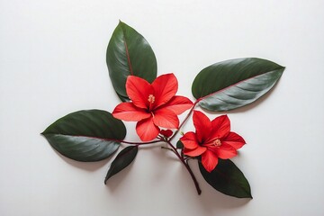 tropical red flowers with leaves on white background with copy space