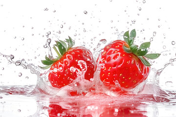 strawberries splash water photography in white background.