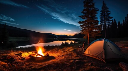 Naklejka premium Serene Lakeside Camping Scene at Dusk with Tent and Campfire Under Starry Sky