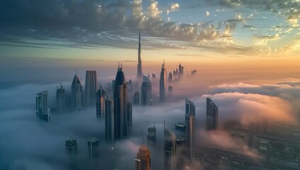 An impressive aerial top view of the city in on a foggy day skyscrapers rising view