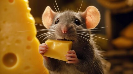  a mouse with a piece of cheese in it's hand and a piece of cheese in the other hand. - obrazy, fototapety, plakaty