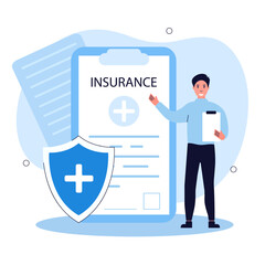 Health insurance illustration set. Doctor offering medical insurance policy contract. Medicine and healthcare concept. Vector illustration.
