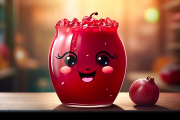 glass of pomegranate juice character smiling background