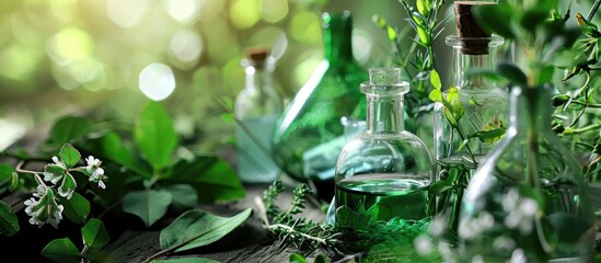 Natural organic extraction and green herbal leaves Flower aroma essence solution in laboratory. Copy space image. Place for adding text
