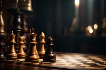 Fotobehang Chess, a close-up of a chessboard in a dimly lit, mysterious room with antique wooden pieces generated with AI © Maxim